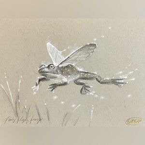 Original Fairy Flying Frog painting Whimsical art Creature surreal Fantasy EAE